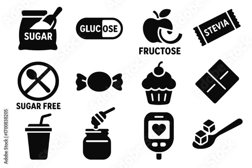 Sugar and sweeteners icon set. Solid vector icons of sugar bag, stevia, fructose, cupcake, chocolate, soda, honey and glucometer. Sweet pack.