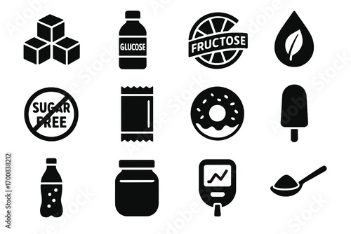 Sugar and sweeteners icon set. Solid vector icons of sugar cubes, stevia, fructose, candy bar, soda, donut and glucometer. Sweet food pack.
