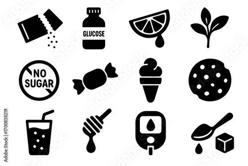 Solid sweetener icons. Includes honey dipper, chocolate, candy, no sugar, glucose bottle and spoon. Minimal vector collection for sweets and health.