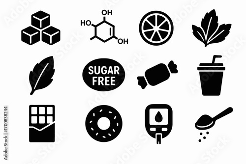 Solid sugar icons. Includes glucose, fructose, sugar free, honey, donut, spoon and wrapped candy. Minimal vector collection for sweets and diet.