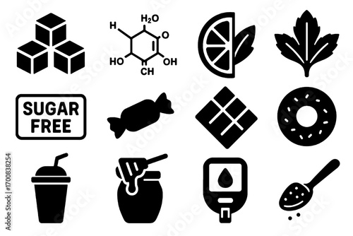 Sugar and sweeteners icon set. Solid vector icons of sugar cubes, stevia, candy, soda, glucometer and chocolate. Sweet food and health pack.