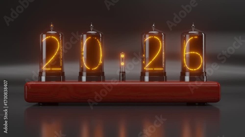 Close-up 3D animation of a retro Nixie tube display, counting down from 2025 to the New Year 2026. Concept of time passing, celebration, and a futuristic vintage aesthetic.