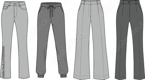Vector illustration of women’s pants fashion set, including jeans, joggers, slacks, and trousers, front view, technical flat sketch style