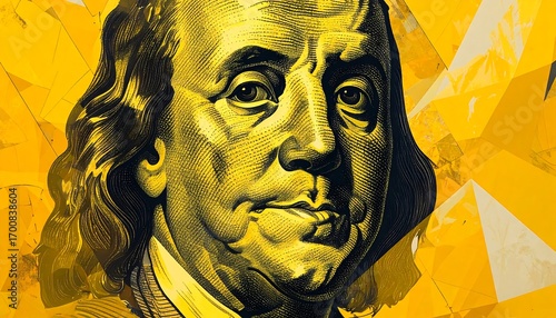 Close-up portrait of Benjamin Franklin, rendered in bold, gold-toned detail against a backdrop of vibrant yellow geometric shapes.