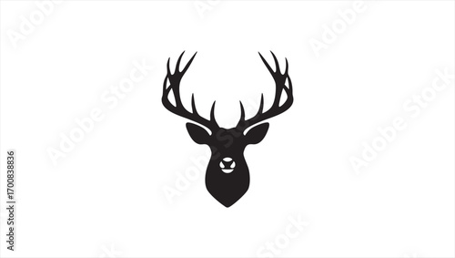 Elegant Black and White Silhouette of a Deer's Head with Magnificent Antlers on White Background