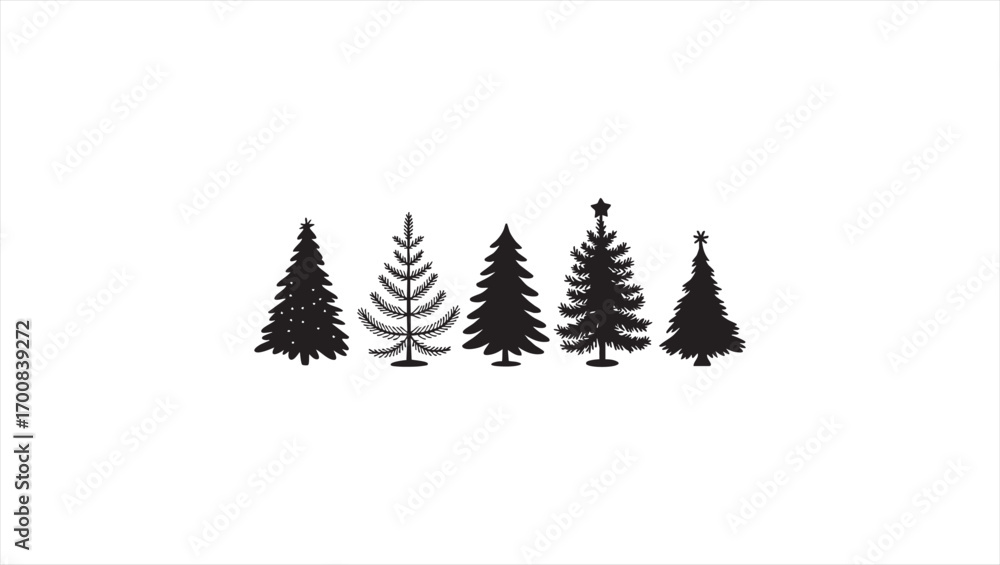 Fototapeta premium Vector collection of five black Christmas tree icons. Xmas fir tree silhouette set for winter holiday celebration design