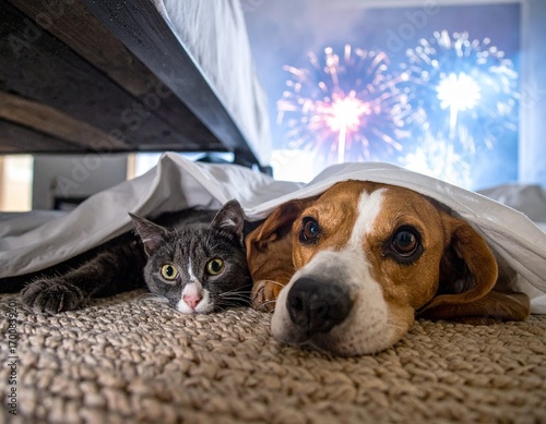 Silvester ängstliche Haustiere unter dem Bett
 ​versteckt. New Year's Eve frightened animals