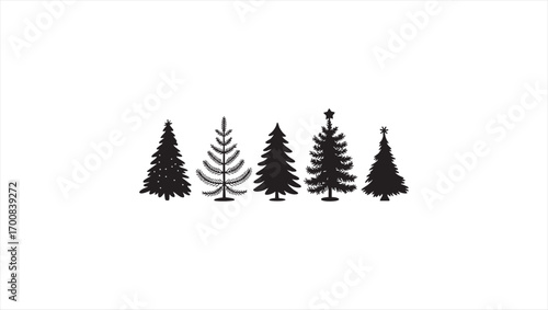 Vector collection of five black Christmas tree icons. Xmas fir tree silhouette set for winter holiday celebration design