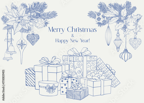 Christmas and Happy New Year vintage illustration, gifts boxes,bells, toys, fir branches, poinsettia, holly. Blue beige. Hand drawn line art Vector background for design holiday decor, greeting card