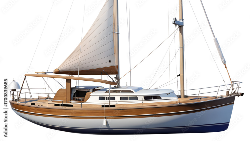 Fototapeta premium A classic wooden sailboat with white sails, isolated on a transparent background