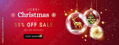 Christmas Sale banner template - classic red and gold background with Christmas decorations in glass balls - reindeer, Christmas tree, snowflakes