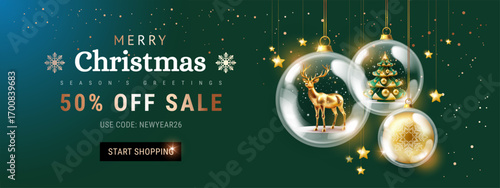 Christmas Sale banner with golden Christmas decorations on green background - vector illustration