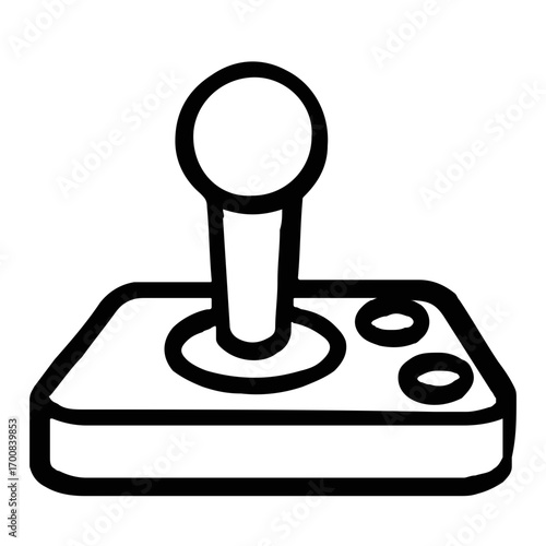 Retro arcade game joystick controller depicted in a simple black and white mono line art style, a minimalist vector icon for vintage gaming