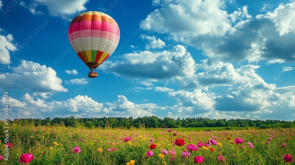 Fototapeta premium Vibrant hot air balloon soaring over a lush field adorned with colorful flowers beneath a cloudy sky