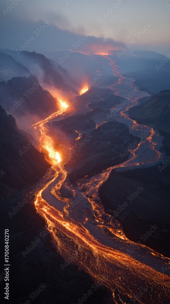 Fototapeta premium Lava flows through volcanic terrain