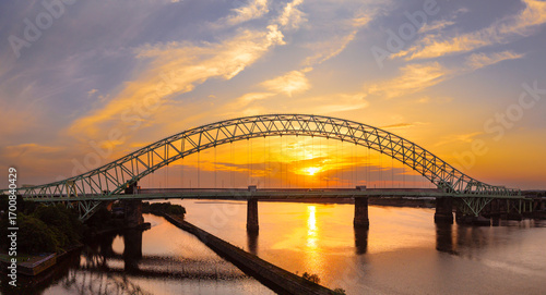 Liverpool, Merseyside, UK, June 19, 2025; aerial view of the Silver Jubilee Bridge over the River Mersey, Liverpool, UK