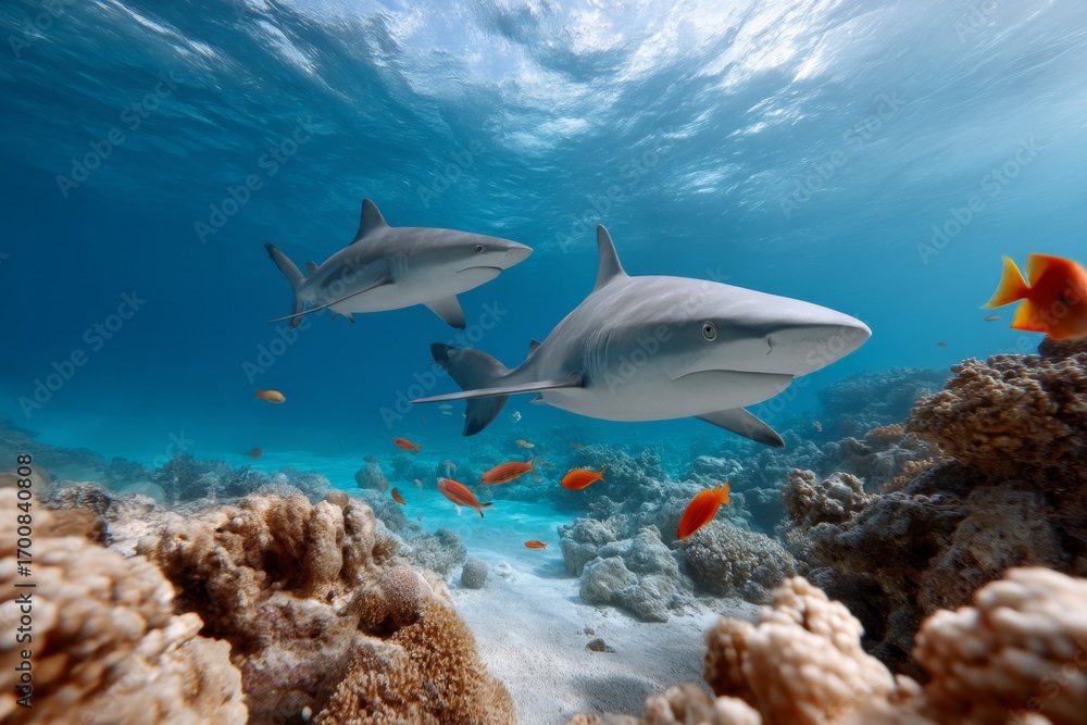 Fototapeta premium Majestic sharks glide through vibrant coral reef in serene ocean waters