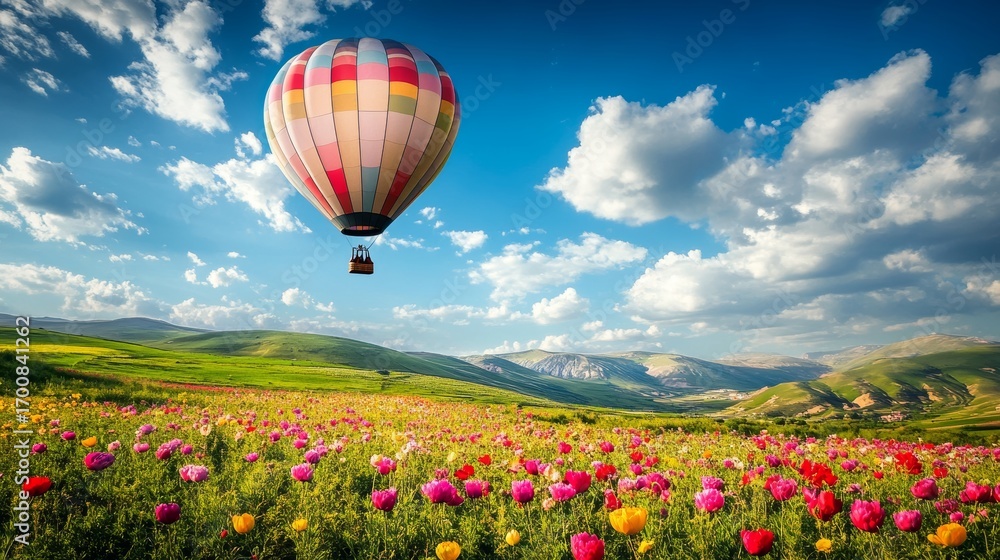 Fototapeta premium A colorful hot air balloon soars over a vibrant flower filled meadow beneath fluffy white clouds