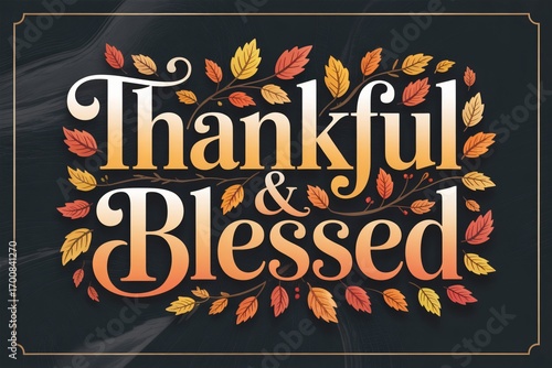 Thankful and blessed message with autumn leaves for thanksgiving celebration card