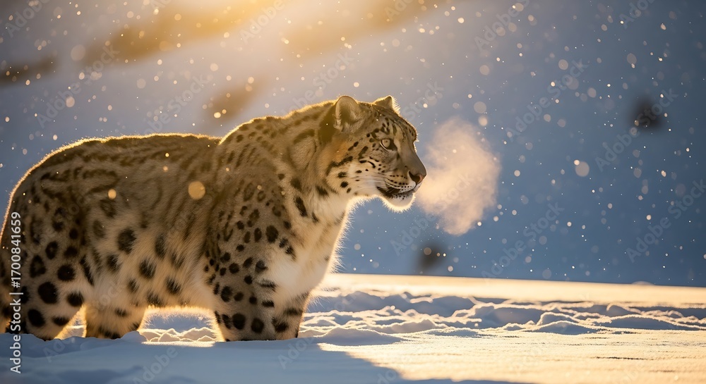 Obraz premium A majestic snow leopard exhales a cloud of steam in the cold, snowy mountains during a golden sunrise.