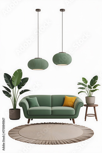 Green living room with pendant lamps, sofa, and plants.
