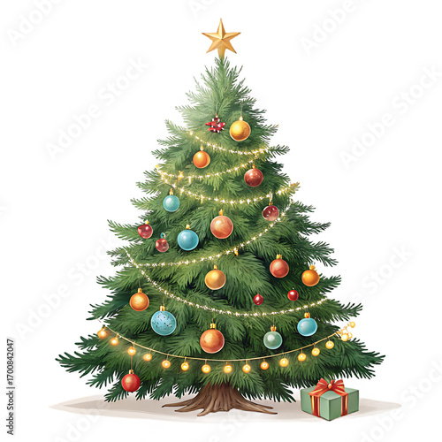 A beautifully decorated christmas tree stands tall, adorned with colorful ornaments, twinkling lights, and a shining star on top isolated on transparent background