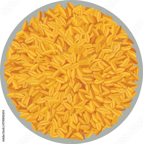 Delicious pile of uncooked golden rice grains, top view on a white plate. Close-up photo of raw whole grains, healthy harvest, and nourishment.