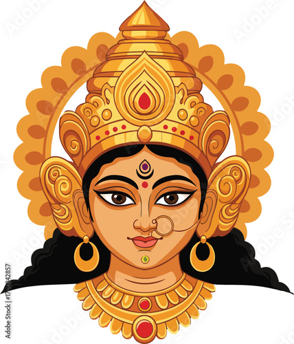 Intricate and vibrant spiritual icon of Goddess Durga, a divine Hindu deity, symbolizing grace, power, and devotion for festive and religious occasions.