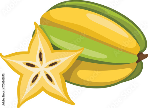 Exotic Star Fruit Still Life Illustration with Half Slice and Whole Fruit on Transparent Backdrop