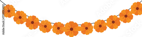 A vibrant and festive orange marigold flower garland, an iconic decoration for Indian festivals and celebrations, symbolizing joy, prosperity, and cultural tradition.