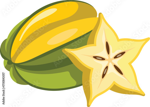 Star Fruit Still Life Vector Art with Half Slice and Whole Fruit on Transparent Field