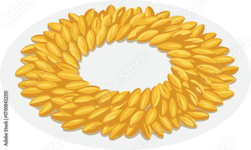 Golden yellow grains arranged in a perfect circular ring on a white plate showcasing symmetry, minimalism, and organic texture for food design, nutrition, and wellness themes.