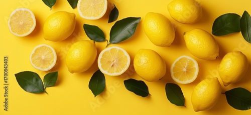 Bright Yellow Lemons and Green Leaves Arranged on a Vibrant Yellow Background.