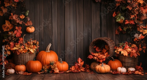 Autumn Harvest Display Featuring Pumpkins and Vibrant Fall Leaves in a Rustic...