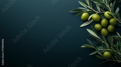 Fresh Green Olives and Olive Branches Arranged on a Dark Background Enhancing...