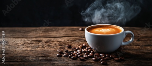 Steaming Cup of Coffee Surrounded by Aromatic Roasted Beans on Rustic Wooden ...