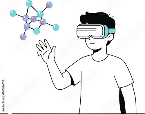 Teen in VR headset reaching to grab a floating molecular model Illustration