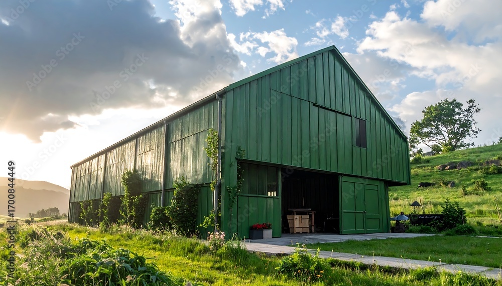 Fototapeta premium A large, vibrant green barn stands proudly in a grassy field, under a partly cloudy sky, bathed in the golden light of sunrise or sunset.