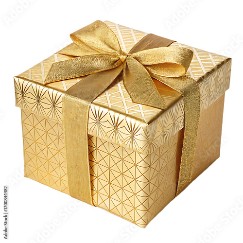 A gleaming golden gift box tied with a luxurious ribbon, radiating elegance and anticipation for the special surprise it holds within isolated on transparent background