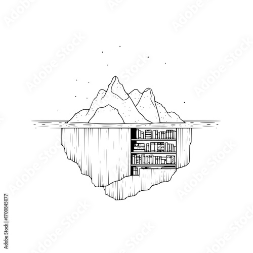 Iceberg library knowledge hidden beneath the surface mountain and stars in monochrome black and white drawing