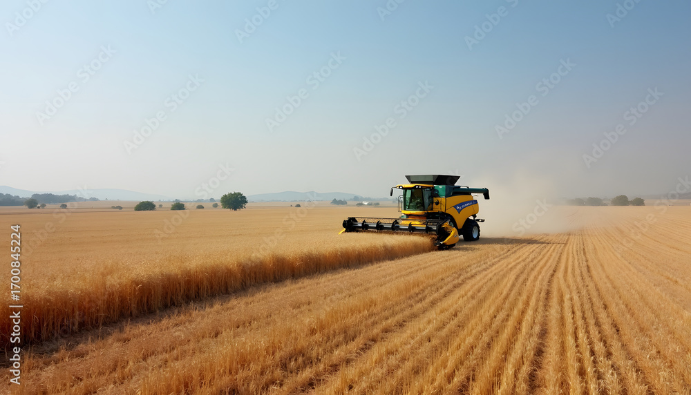 Fototapeta premium Combine harvester working in a golden wheat field under a clear blue sky.