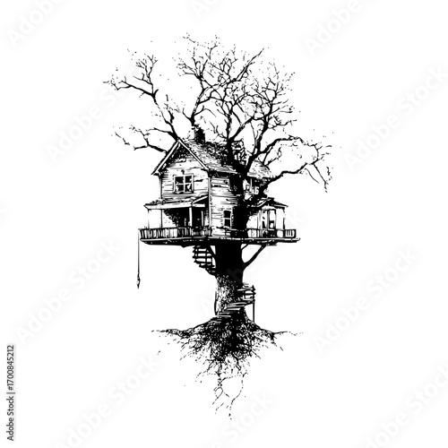 A whimsical treehouse dwelling with intricate details and a spiral staircase reaching the house top level