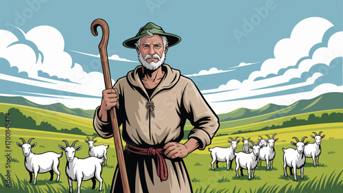 Old shepherd guarding goats in a beautiful green landscape with a calm and peaceful atmosphere