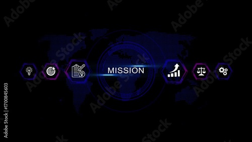Mission statement concept with global strategy icons business goals planning success and innovation on digital world map background