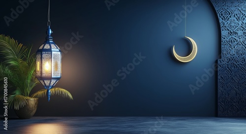 Elegant Lantern and Crescent Moon Decor in a Modern Interior Space