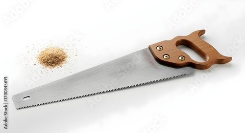 A traditional hand saw with a wooden handle and serrated steel blade. The saw is ideal for cutting wood, creating precise cuts with minimal effort, and producing fine sawdust, perfect for carpentry an