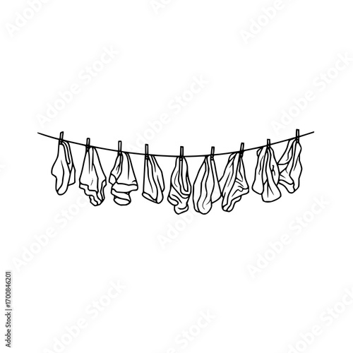 Hanging laundry line with drying clothes and clothespins in a simple black and white sketch