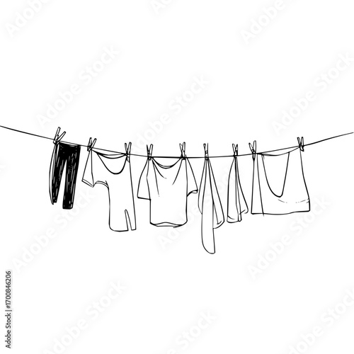 Clothes hanging on a line drying in the sun after washing day is over and done with for now