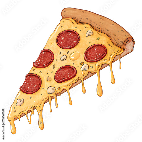 A tasty slice of pepperoni pizza with melting cheese, isolated on transparent background
