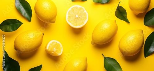 Fresh Lemons and Leaves Arranged on a Bright Yellow Background for a Vibrant ...